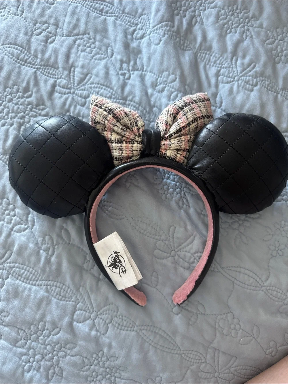 Disney Black Headband with Pink Tweed Bow and Pearl Accents